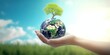 © Pooja - world environment and earth day, Two human hands holding big tree and earth globe over green and blue sky nature background. Elements of this image furnished by, Generative AI