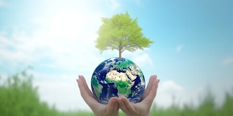 world environment and earth day, Two human hands holding big tree and earth globe over green and blue sky nature background. Elements of this image furnished by, Generative AI