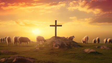 Wall Mural - Flock of sheep on cross of Jesus christ and sunset background, Generative AI