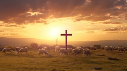 Wall Mural - Flock of sheep on cross of Jesus christ and sunset background, Generative AI