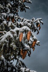 Poster - Snow-covered pine tree branch adorned with cones.