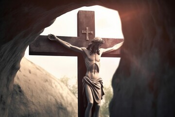 Wall Mural - Easter Sunday concept:  Jesus Christ crucifixion cross, Generative AI