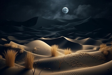Wall Mural - Abstract sand dunes landscape with moon at night. 3D modern art mural wallpaper with matte dark blue background. Dark landscape with stars and moon. Minimalistic style. Generative AI