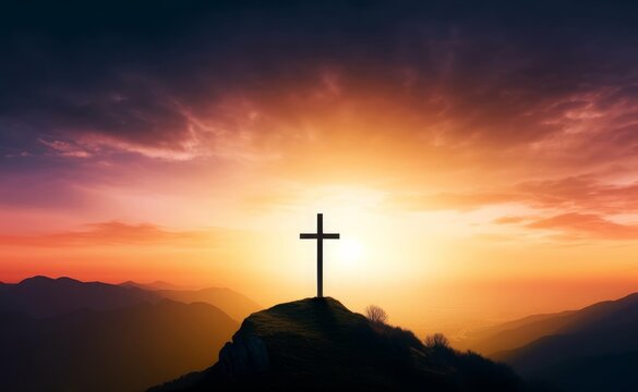 Good Friday concept: Silhouette cross on  mountain sunset background, Generative AI