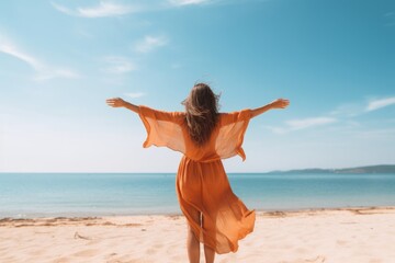 happy woman with arms outstretched enjoying freedom at the beach - joyful female having fun walking 