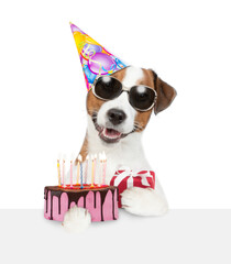 Poster - Jack russell terrier puppy wearing sunglasses and party cap holds gift box and birthday cake with lot of candle above empty white board. isolated on white background