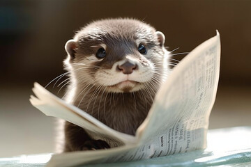 A tiny otter wearing rectangular glasses, floating on its back and reading a newspaper Generative AI