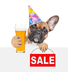 Poster - French bulldog puppy wearing party cap blows into party horn, looks above empty white banner, holds glass of beer and shows  signboard with labeled 