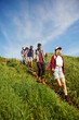 © master1305 - Group of friends, young people walking down the hill path, going hiking in meadow, field, hills on warm, sunny, summer day. Concept of active lifestyle, nature, sport and hobby, friendship