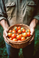 Wall Mural - Man holding basket with ripe cherry tomatoes. Generative AI.