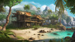 animated island with ocean wooden hut mountains ai generated image