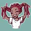 Digital art of a black woman playing with her dreadlocks and smiling. Vector of a happy african girl touching her dreads.