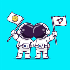 Wall Mural - cute astronaut friend holding flag moon and rocket cartoon vector icon illustration. science technol