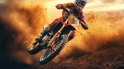 Motocross rider on a mud race track. Generative AI