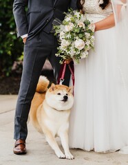 Wall Mural - Brown-white fluffy dog with stretched-forward legs between the bride and bridegroom