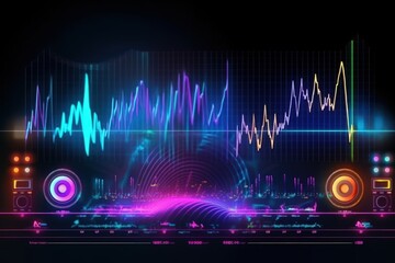 Wall Mural - Visualization of sound waves. Abstract futuristic background with colorful glowing neon moving high speed wave lines and bokeh lights.  Data transfer concept. Fantastic wallpaper. Generative AI