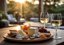 Food Photography Of Assorted Cheese Appetizers On A Wooden Plate And Glass Of White Wine