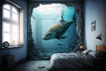 interior of bedroom with an aquarium with fish inside. Fantastic dreams of traveling and relaxing by sea. Generative AI illustration
