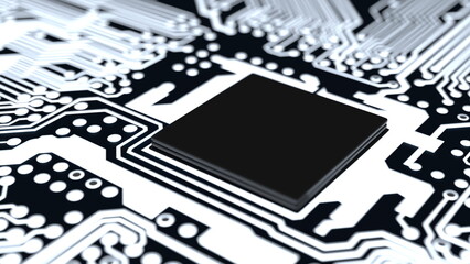 Poster - computer chip processor on the motherboard, textolite, black and white. 3d render