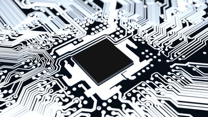 Poster - computer chip processor on the motherboard, textolite, black and white. 3d render