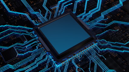 Poster - ai computer chip processor on motherboard glows blue. artificial intelligence graphics chip, mining,