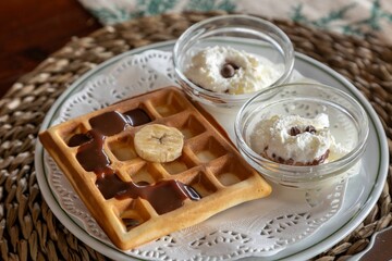 Sticker - Top view of waffles with banana, chocolate, and cream on breakfast table