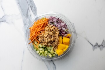 Canvas Print - Top view of bowl with meat and different vegetables