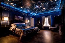 Bedroom Interior At Night With Space And Stars On The Ceiling And Walls. Dreams And Fantasies About Traveling To Universes And Galaxies. Generative AI