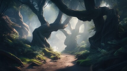 Wall Mural - A path through a forest with moss on the ground. Generative AI image.