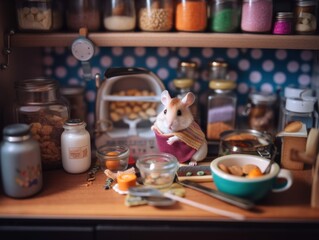 Wall Mural - A toy mouse in a sweater standing on a kitchen counter. Generative AI image.