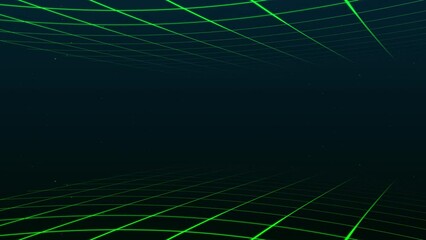 Poster - Abstract retro-synthwave grid loop animation background 3d render. Looping grid motion design with particles moving away from the screen. 3d render. 4k animation.