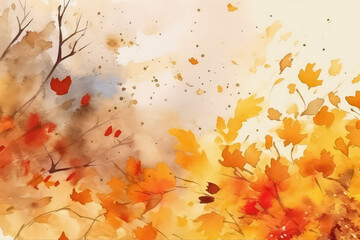 Leaves background in watercolor style - abstract autumn pattern, AI