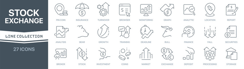 Aufkleber - Stock exchange linear signed icon collection. Signed thin line icons collection. Set of stock exchange simple outline icons
