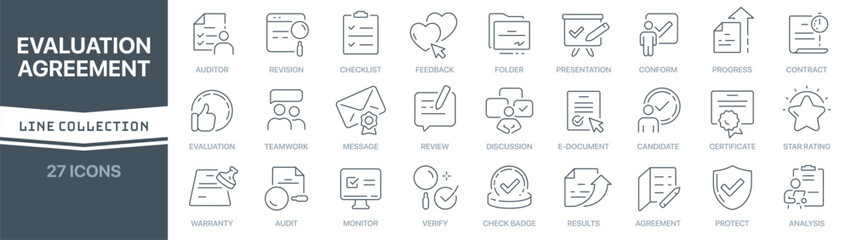 Fototapete - Evaluation and agreement linear signed icon collection. Signed thin line icons collection. Set of evaluation and agreement simple outline icons