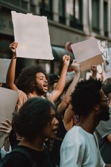 Wall Mural - A group of protesters holding up clean mockup of signs in the air. Generative AI image.