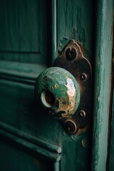 Poster - A old oxidized bronze door handle on a green wooden door. Generative AI image.