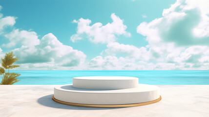 3d podium with copy space for product display presentation on palm beach abstract background. Tropical summer and vacation concept.