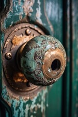 Poster - A old oxidized bronze door handle on a green wooden door. Generative AI image.