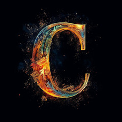 Sticker - The letter C in a mythical way on black background,Generative AI