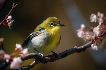 Wall Mural - A small bird sits on a flowering tree branch. Generative AI.