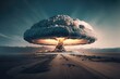 enormous mushroom cloud billows into the sky after powerful nuclear weapon is detonated, created with generative ai
