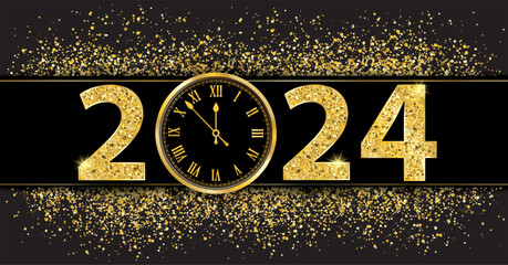 Wall Mural - Black Paper Banner Golden Sand Clock 2024