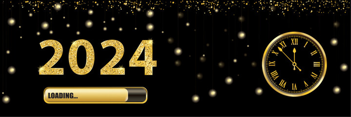 Wall Mural - Black Paper Banner Golden Clock 2024 Loading Hanging Lights