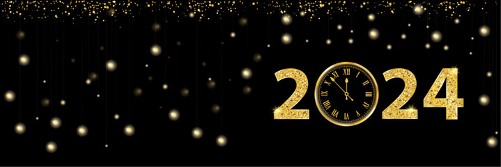 Wall Mural - Black Paper Banner Golden Clock 2024 Hanging Lights