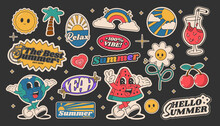 Cartoon Summer Groovy Stickers 70s. Cute Retro Characters. Hippie Style, Set Cute Sunny Labels. Isolated On Black Background