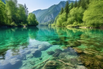 Wall Mural - crystal-clear lake surrounded by mountains and greenery, created with generative ai