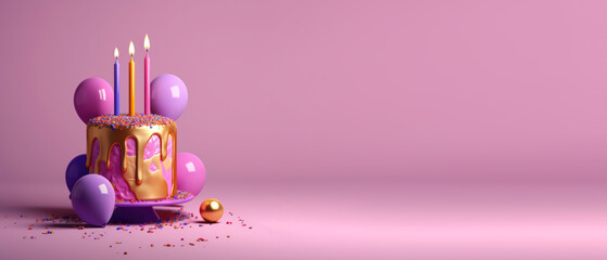 golden birthday mud cake with three candles surrounded by sprinkles and balloons on pink background copy space web banner generative ai