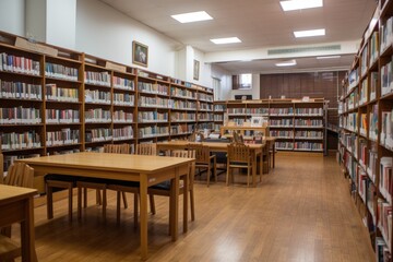 Wall Mural - school library, with bookshelves filled with books and students researching or reading, created with generative ai