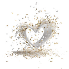 White and gold valentine confetti in the form of a wedding heart love isolated Transparent background png. Generative ai