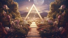 A Triangular Botanical Portal, A Gate On The Way To Another Higher Dimension. Journey Through Beautiful Secret And Picturesque Worlds. Parallel Dimension Timeline Concept. Generative AI